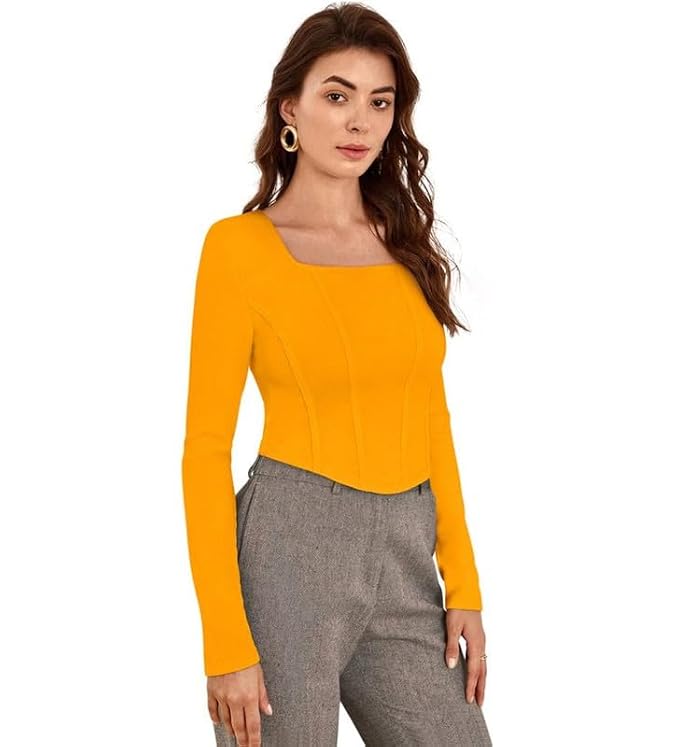 Square Neck Long Sleeves Opaque Fitted Crop Top