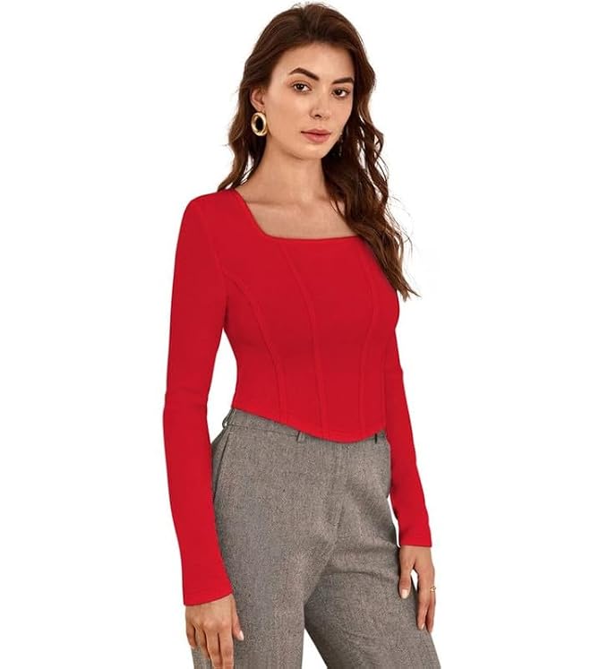 Square Neck Long Sleeves Opaque Fitted Crop Top