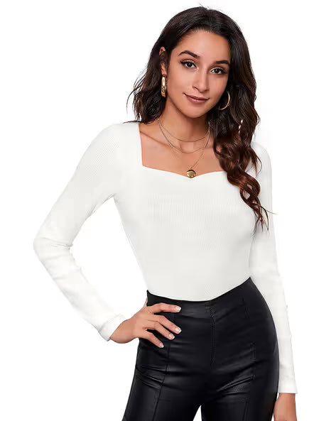 Women Solid Knits Sweetheart Neck Cotton Top