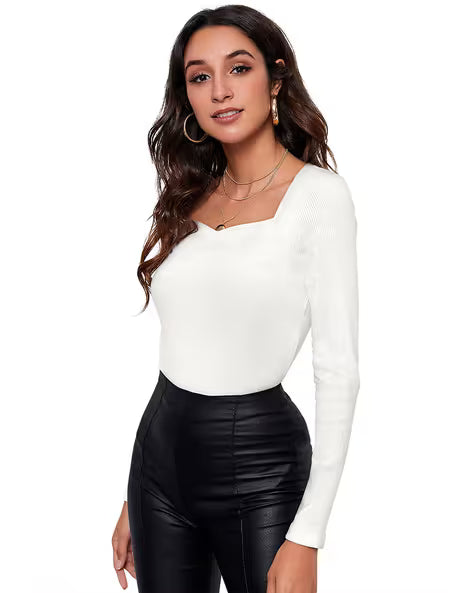 Women Solid Knits Sweetheart Neck Cotton Top