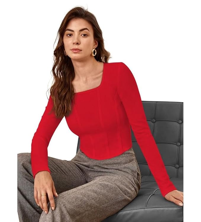 Square Neck Long Sleeves Opaque Fitted Crop Top