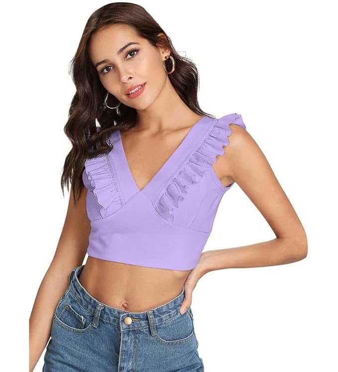 V-Neck Sleeveless Ruffled Crop Top