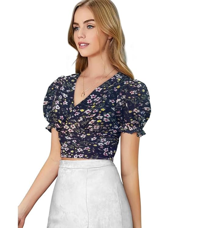 Printed V-Neck Top - Puff Sleeve Retro Style T-Shirt - Regular Fit Casual Wear for Women