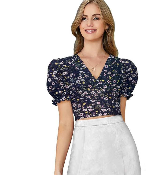 Printed V-Neck Top - Puff Sleeve Retro Style T-Shirt - Regular Fit Casual Wear for Women