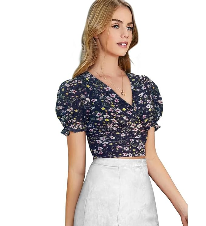 Printed V-Neck Top - Puff Sleeve Retro Style T-Shirt - Regular Fit Casual Wear for Women
