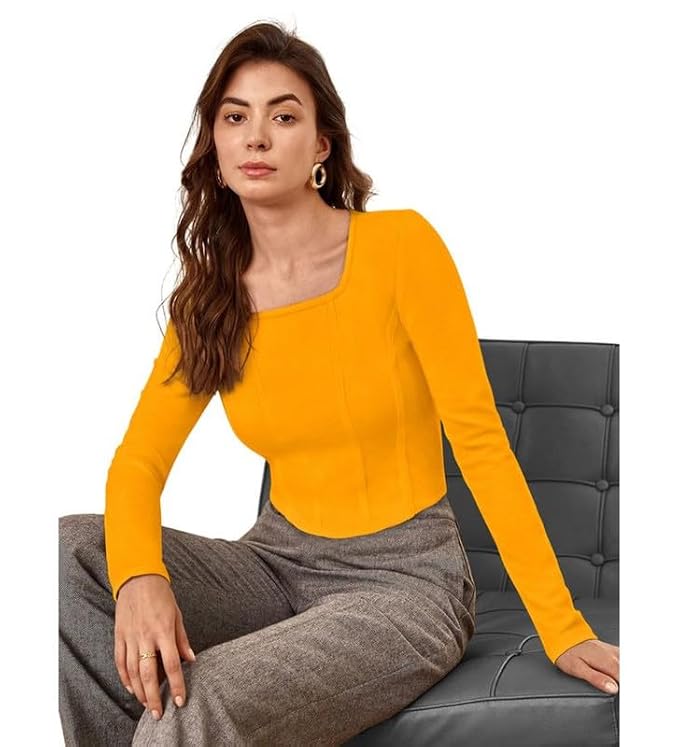 Square Neck Long Sleeves Opaque Fitted Crop Top