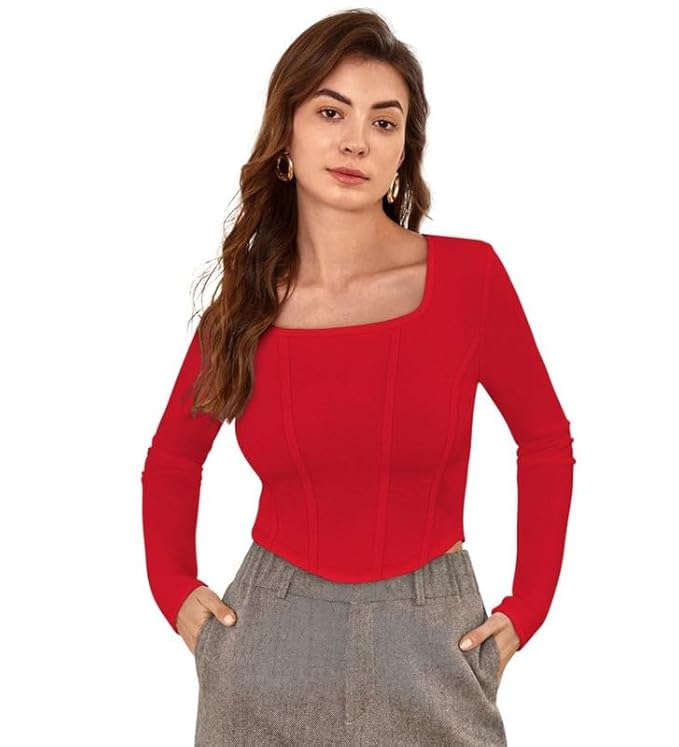 Square Neck Long Sleeves Opaque Fitted Crop Top