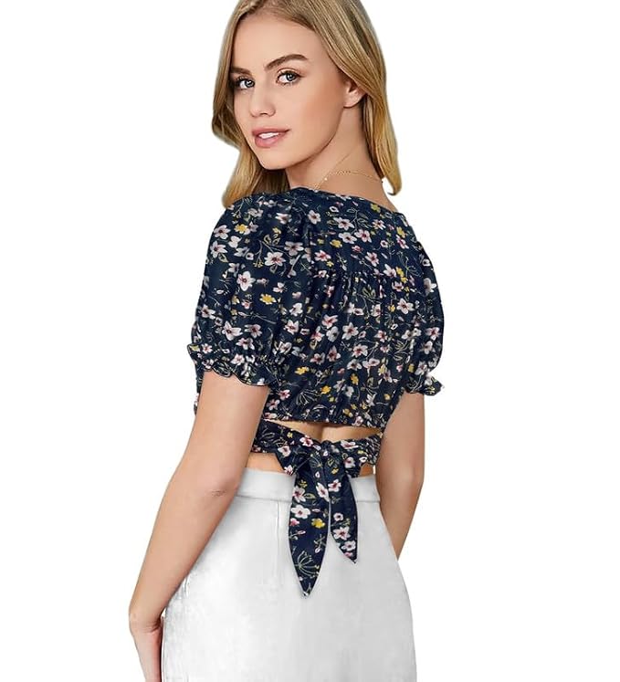 Printed V-Neck Top - Puff Sleeve Retro Style T-Shirt - Regular Fit Casual Wear for Women
