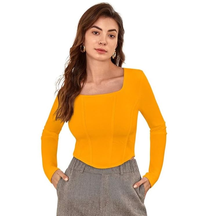 Square Neck Long Sleeves Opaque Fitted Crop Top