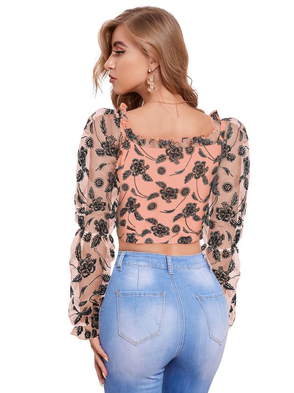 Sheer Floral Embroidered Puff Sleeve Crop Top