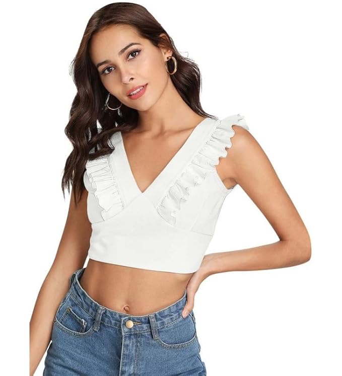 V-Neck Sleeveless Ruffled Crop Top