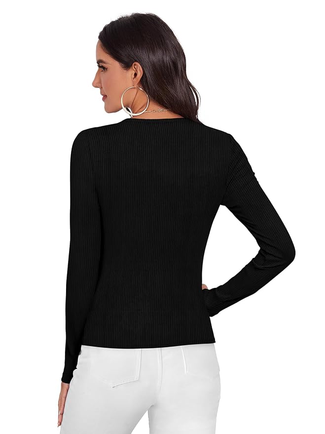 Women's Regular Fit Solid Pattern Cotton Blend Top with V-Neck Long Sleeve Standard Length Pull On Closure Type and Modern Style