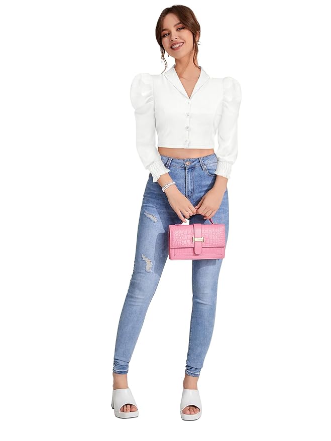 Women's Solid Puff Sleeves Lapel Collar Top