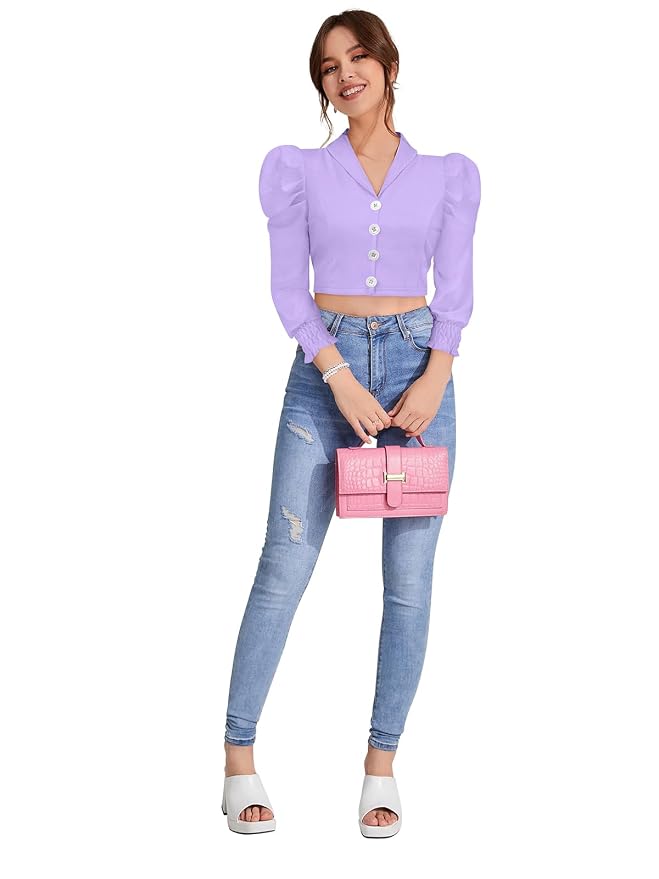Women's Solid Puff Sleeves Lapel Collar Top