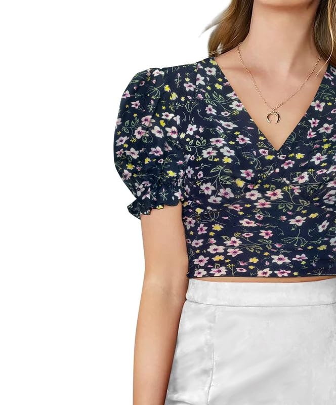 Printed V-Neck Top - Puff Sleeve Retro Style T-Shirt - Regular Fit Casual Wear for Women