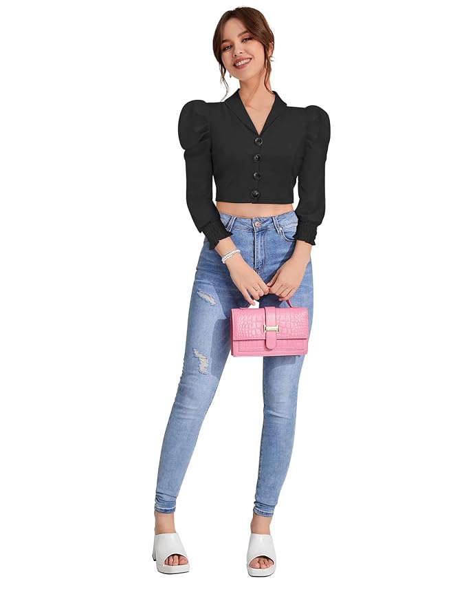 Women's Solid Puff Sleeves Lapel Collar Top