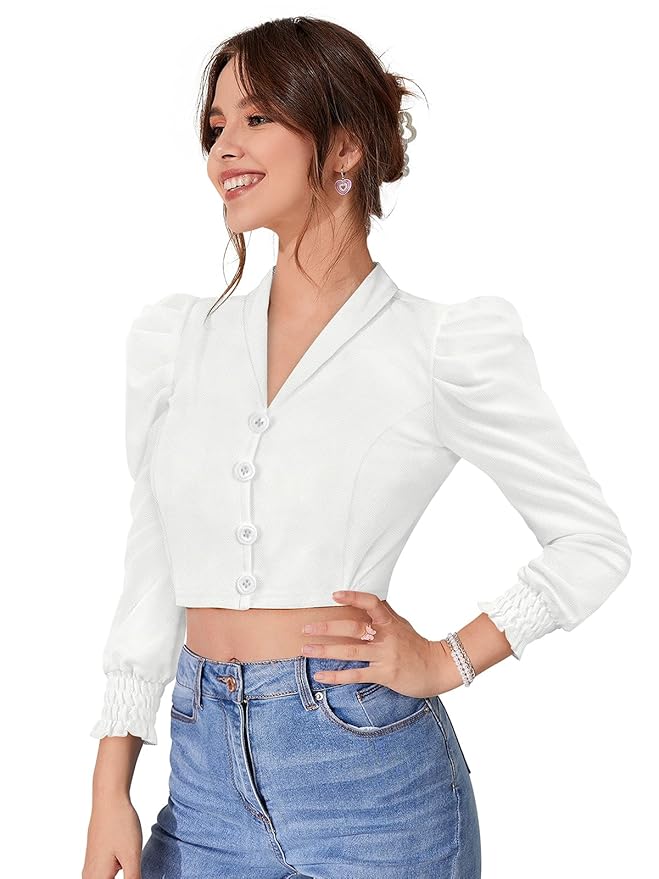 Women's Solid Puff Sleeves Lapel Collar Top