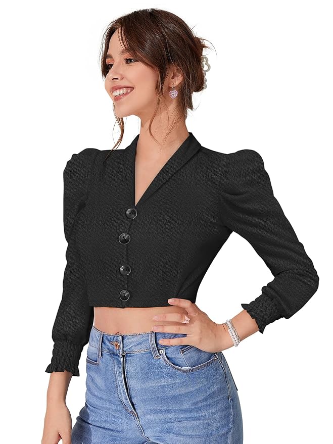 Women's Solid Puff Sleeves Lapel Collar Top