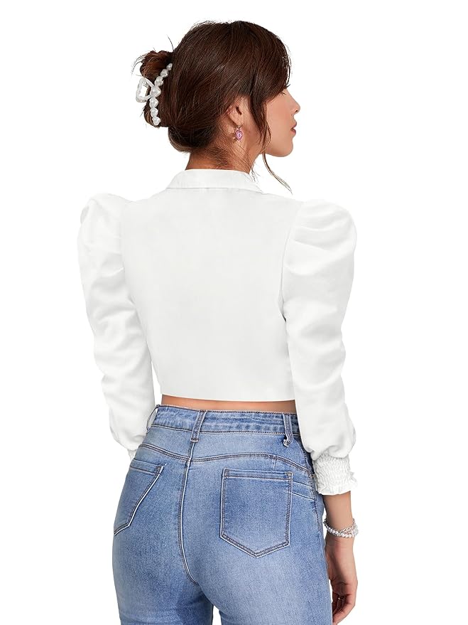 Women's Solid Puff Sleeves Lapel Collar Top