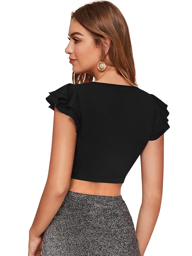 Women V-Neck Waist Tie Ups Cape Sleeve Crop Top