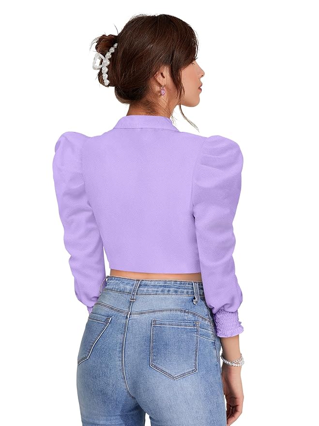 Women's Solid Puff Sleeves Lapel Collar Top