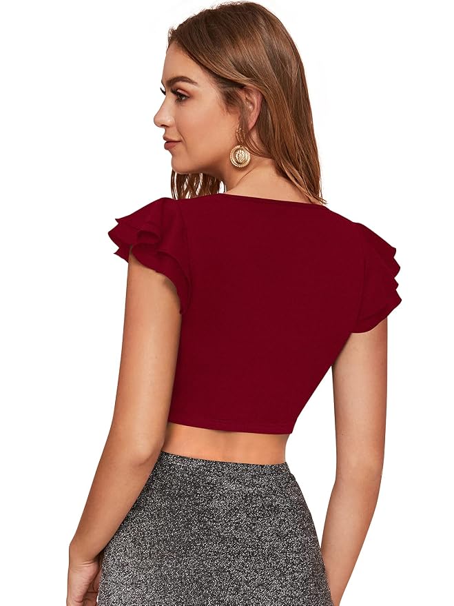 Women V-Neck Waist Tie Ups Cape Sleeve Crop Top