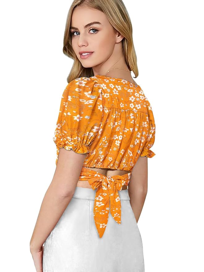 Printed V-Neck Top - Puff Sleeve Retro Style T-Shirt - Regular Fit Casual Wear for Women