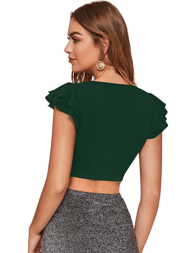 Women V-Neck Waist Tie Ups Cape Sleeve Crop Top