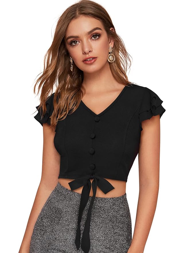 Women V-Neck Waist Tie Ups Cape Sleeve Crop Top