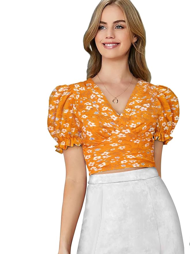Printed V-Neck Top - Puff Sleeve Retro Style T-Shirt - Regular Fit Casual Wear for Women