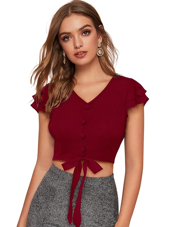 Women V-Neck Waist Tie Ups Cape Sleeve Crop Top
