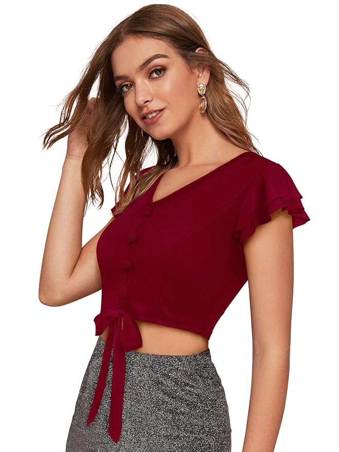 Women V-Neck Waist Tie Ups Cape Sleeve Crop Top