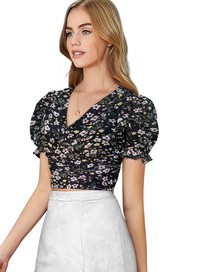 Printed V-Neck Top - Puff Sleeve Retro Style T-Shirt - Regular Fit Casual Wear for Women