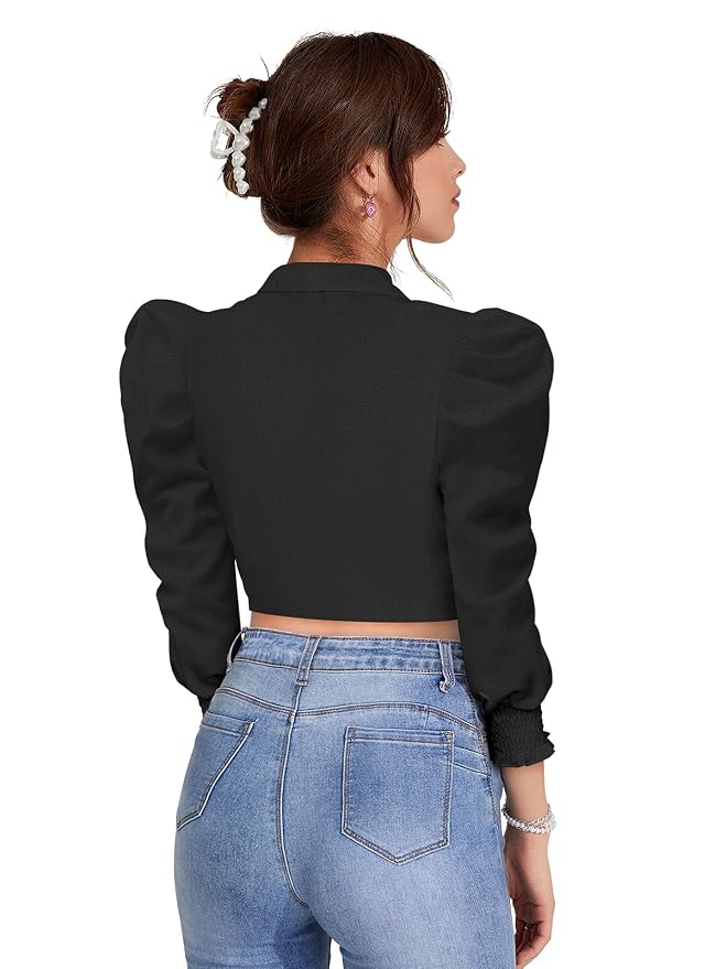 Women's Solid Puff Sleeves Lapel Collar Top