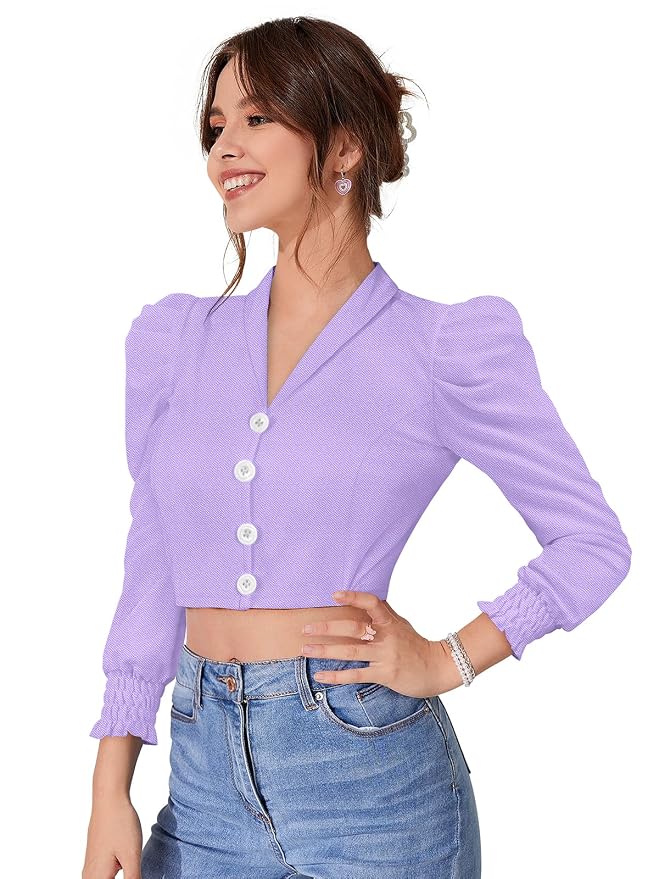 Women's Solid Puff Sleeves Lapel Collar Top