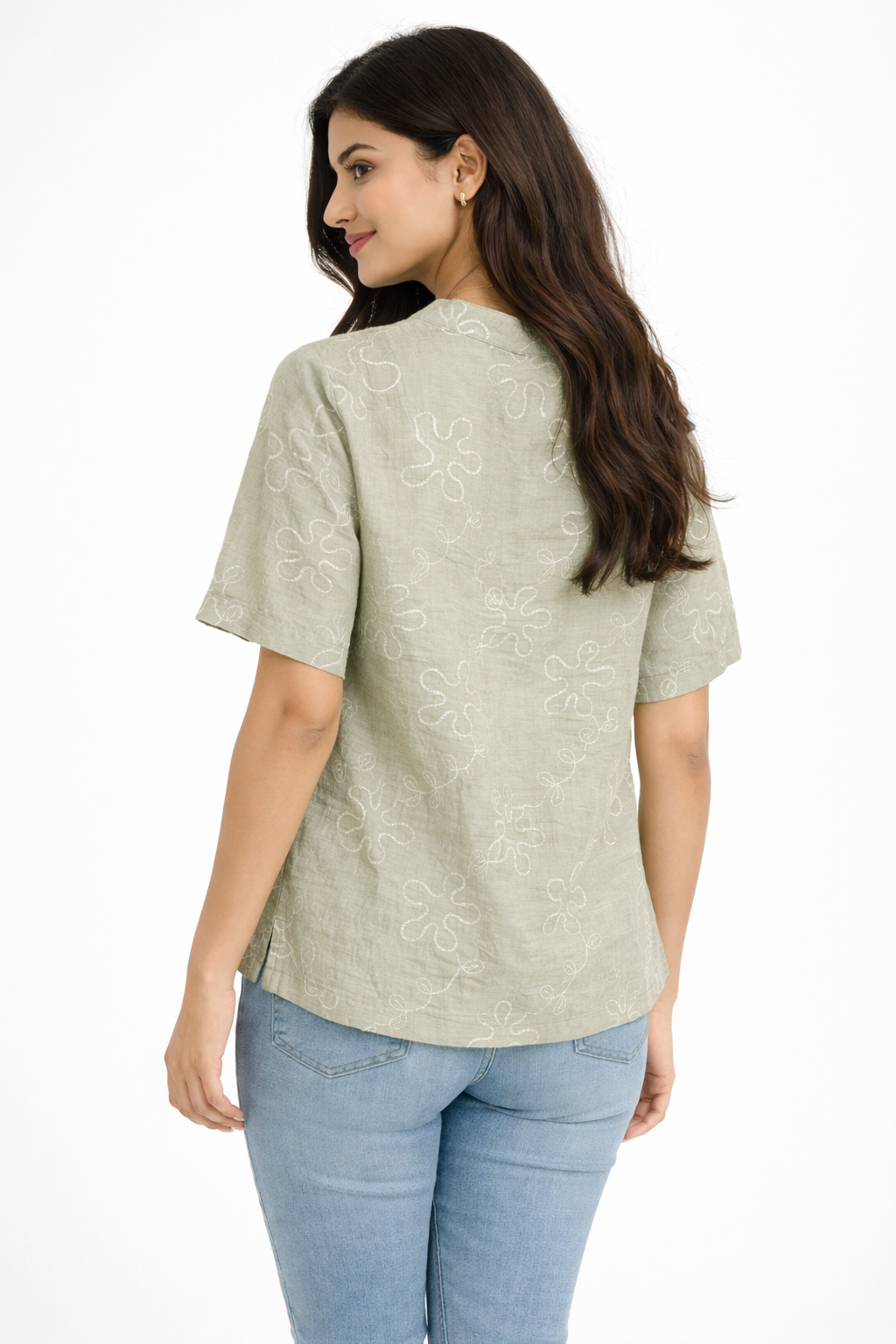 Sage Green Embroidered Top – Minimal Button Detail Top