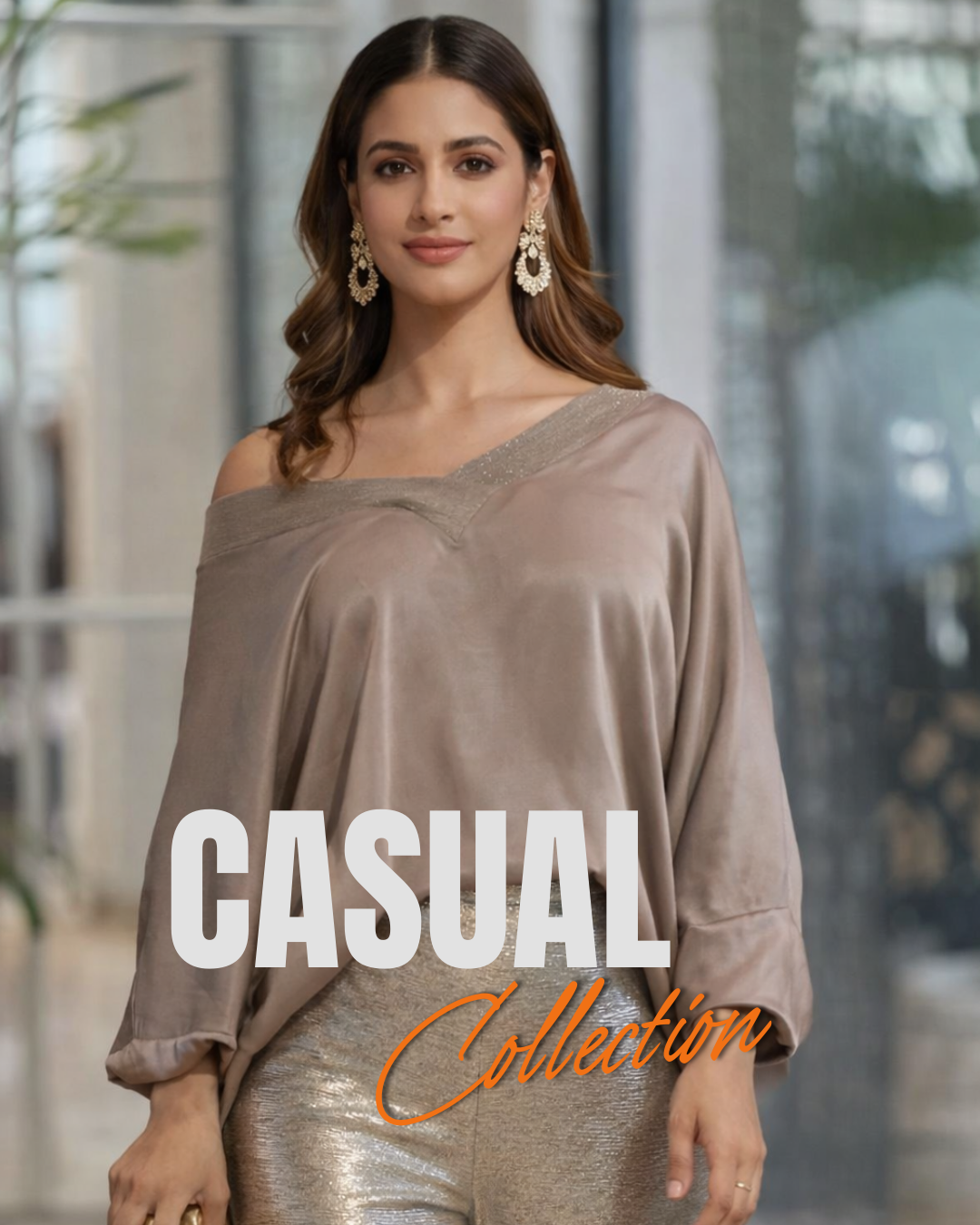Woman wearing a brown off-shoulder top with 'Casual Collection' text overlay.