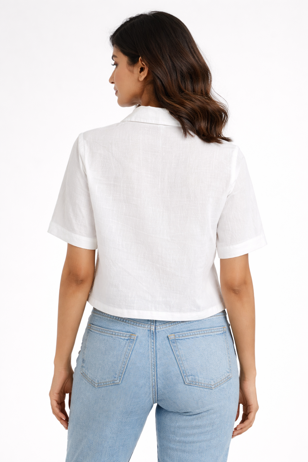 White Embroidered Crop Shirt – Elegant Floral Detail Top
