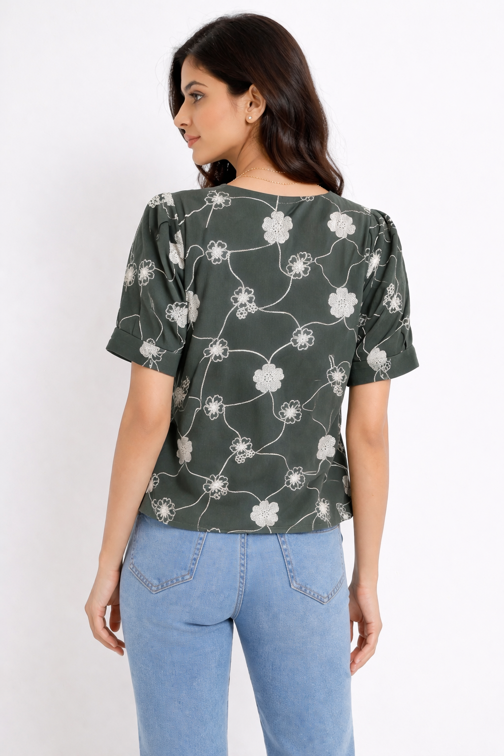 Olive Green Floral Embroidered Casual Top for Women
