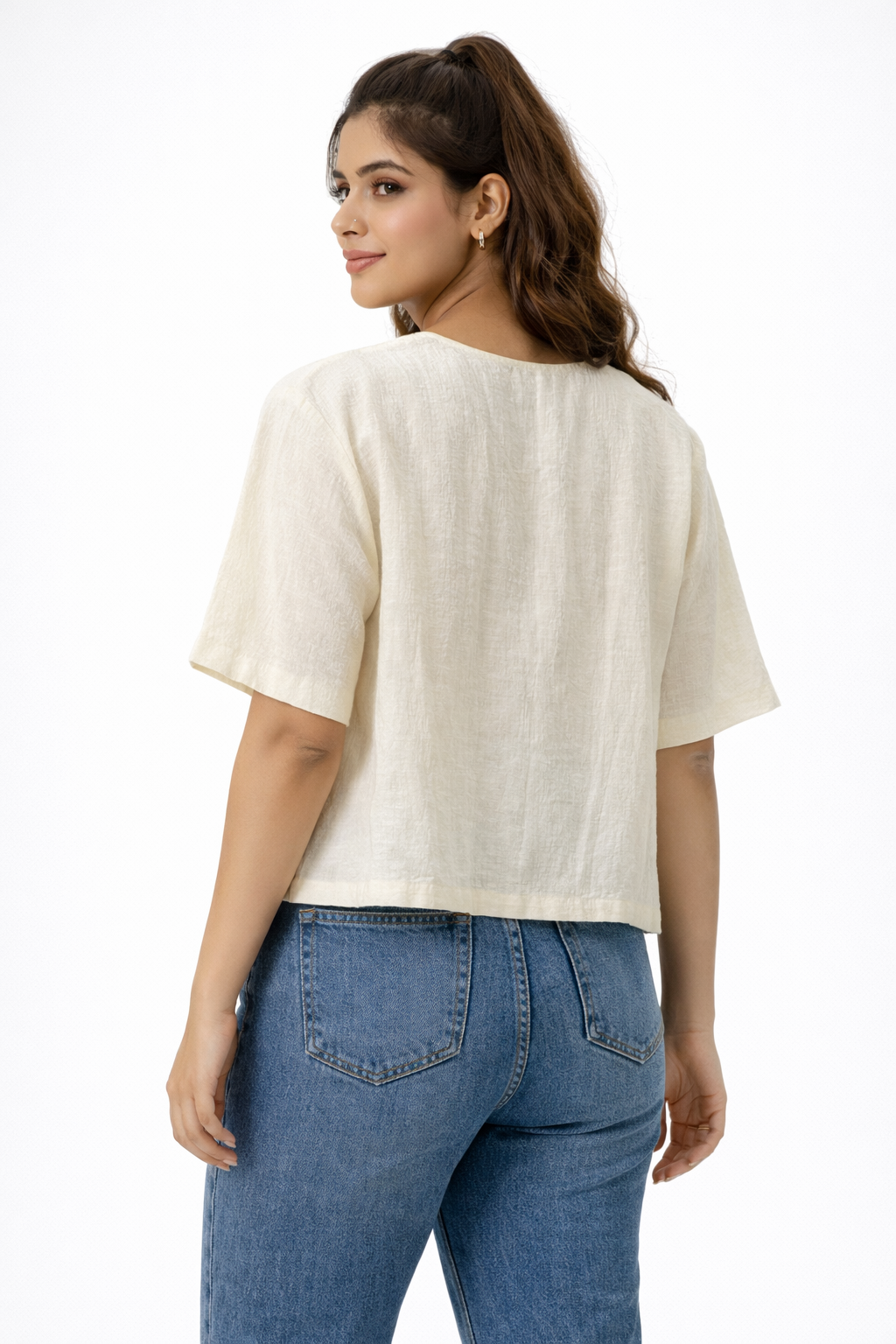 Elegant Off-White Button Detail Top – Minimal V-Neck Blouse