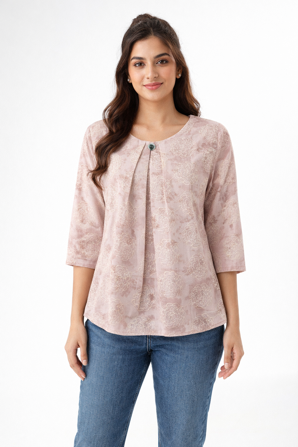 Dusty Pink Floral Printed Top – Elegant Pleated Neck