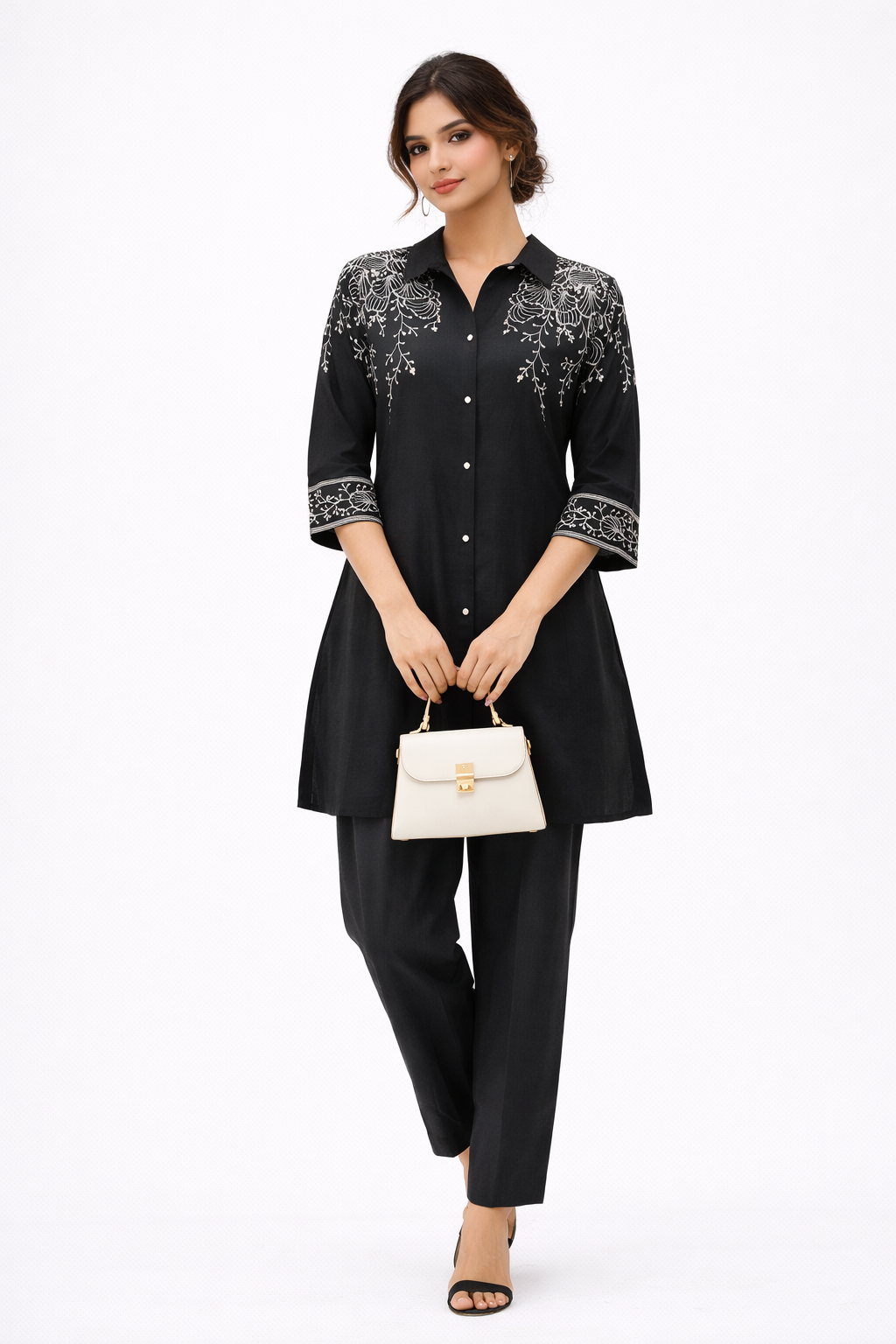 Elegant Black Kurta Set with Gold Floral Embroidery