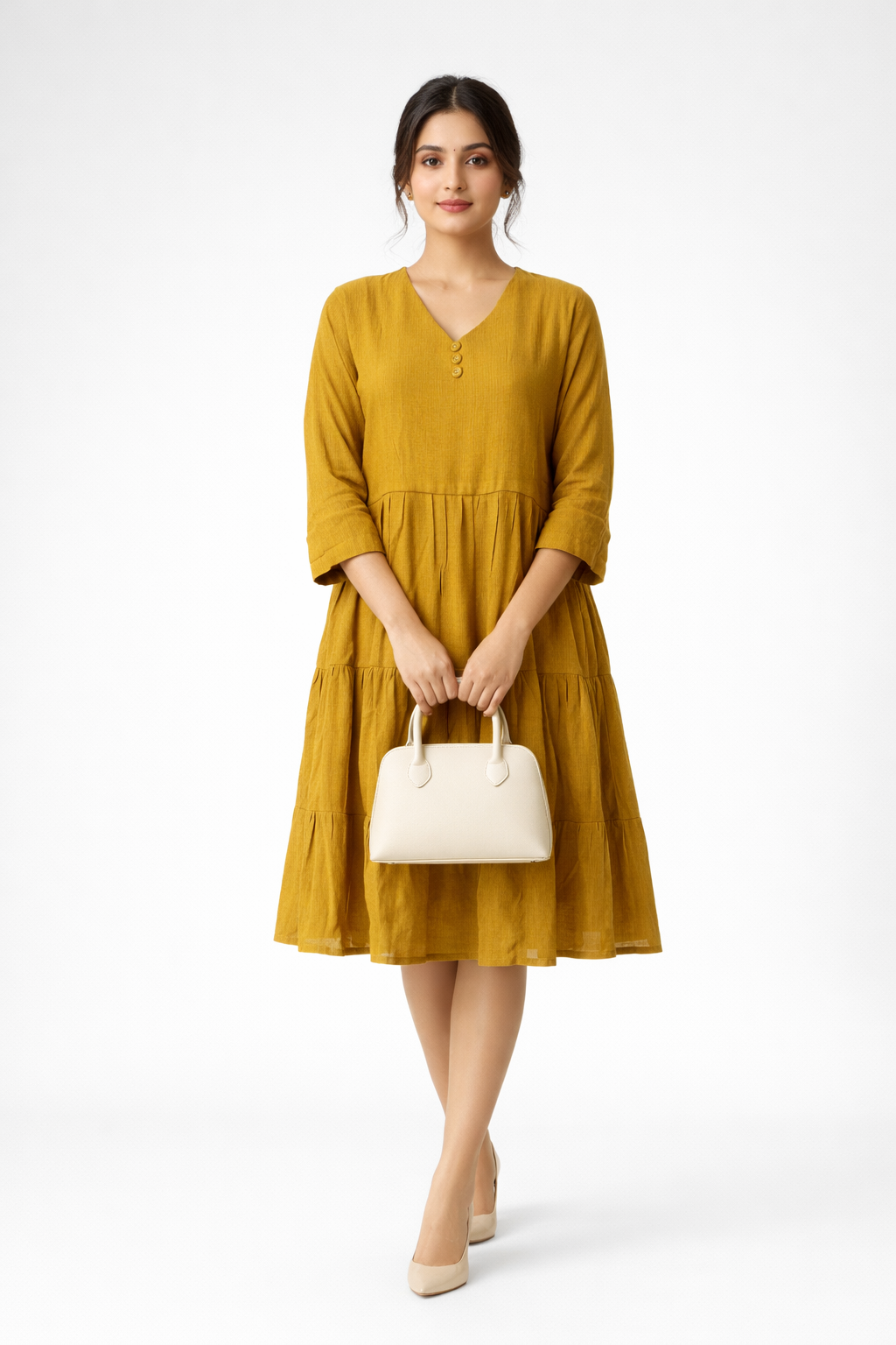 Bright and effortlessly stylish, this mustard yellow dress features a flowy tiered silhouette for a soft, feminine look.