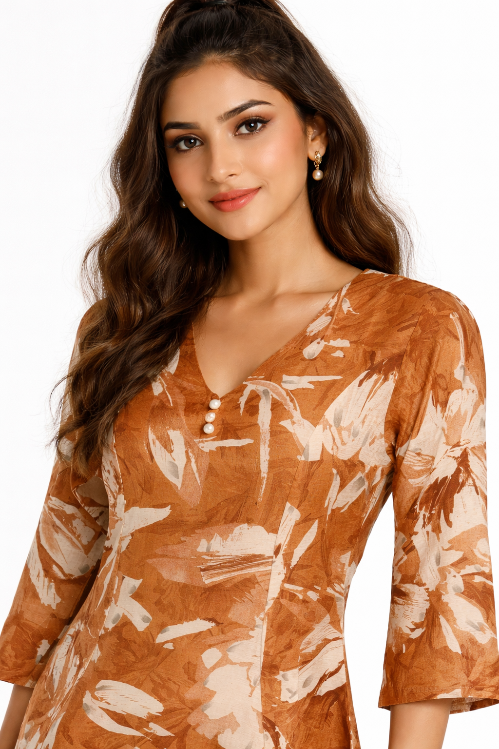 Rust Floral Print A-Line Knee-Length Dress