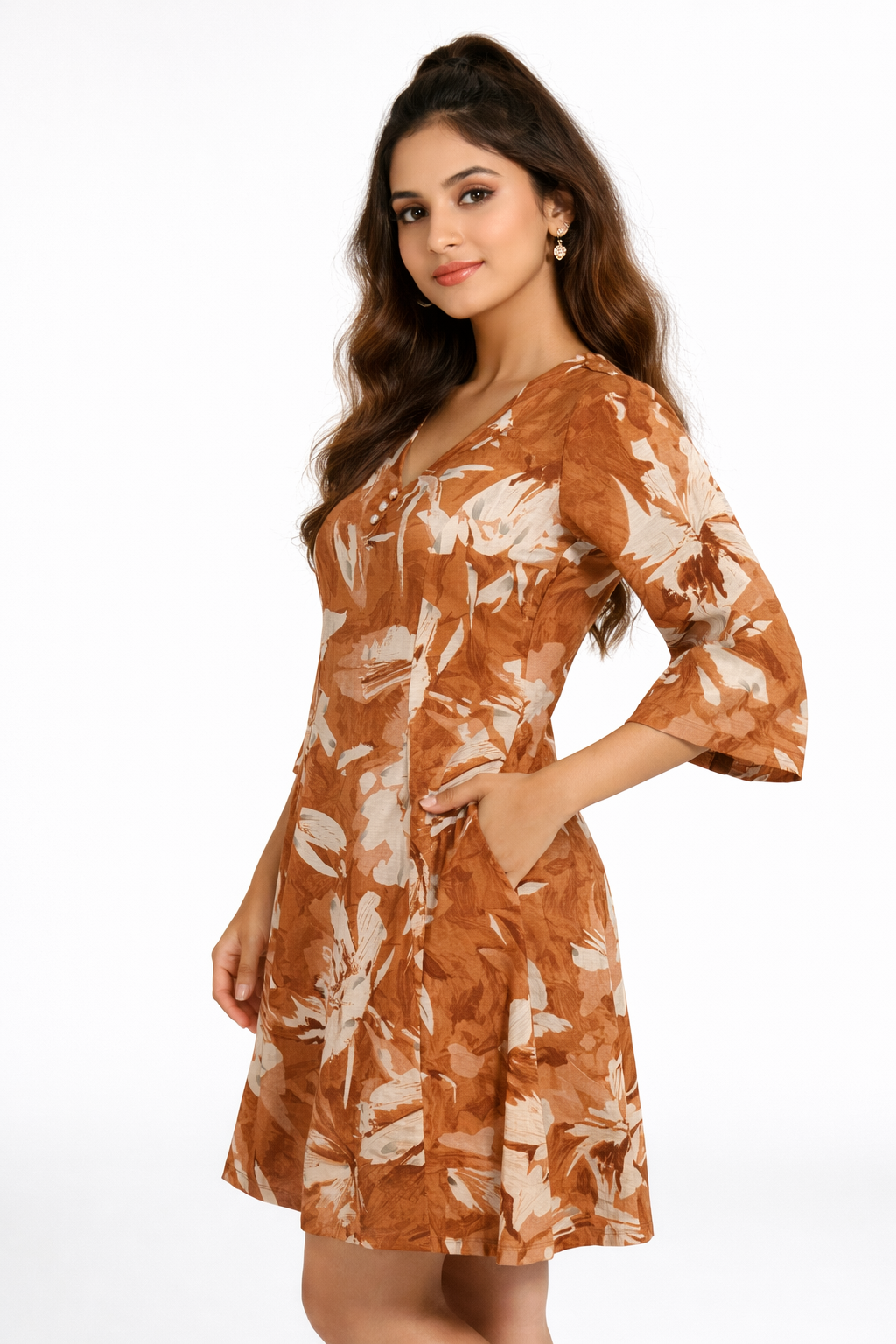 Rust Floral Print A-Line Knee-Length Dress