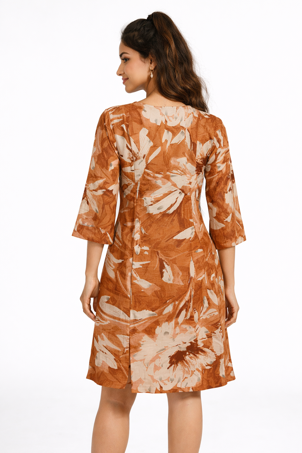 Rust Floral Print A-Line Knee-Length Dress