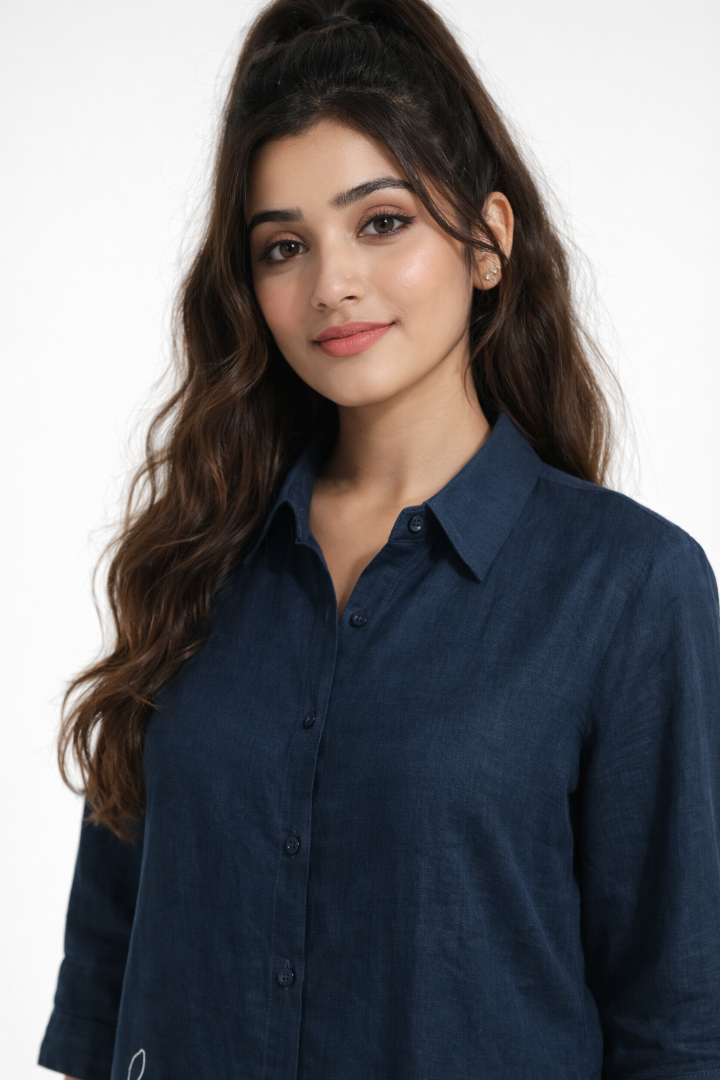 Elegant and effortlessly stylish, this navy blue shirt dress features a sleek silhouette with subtle white floral embroidery for a refined touch.