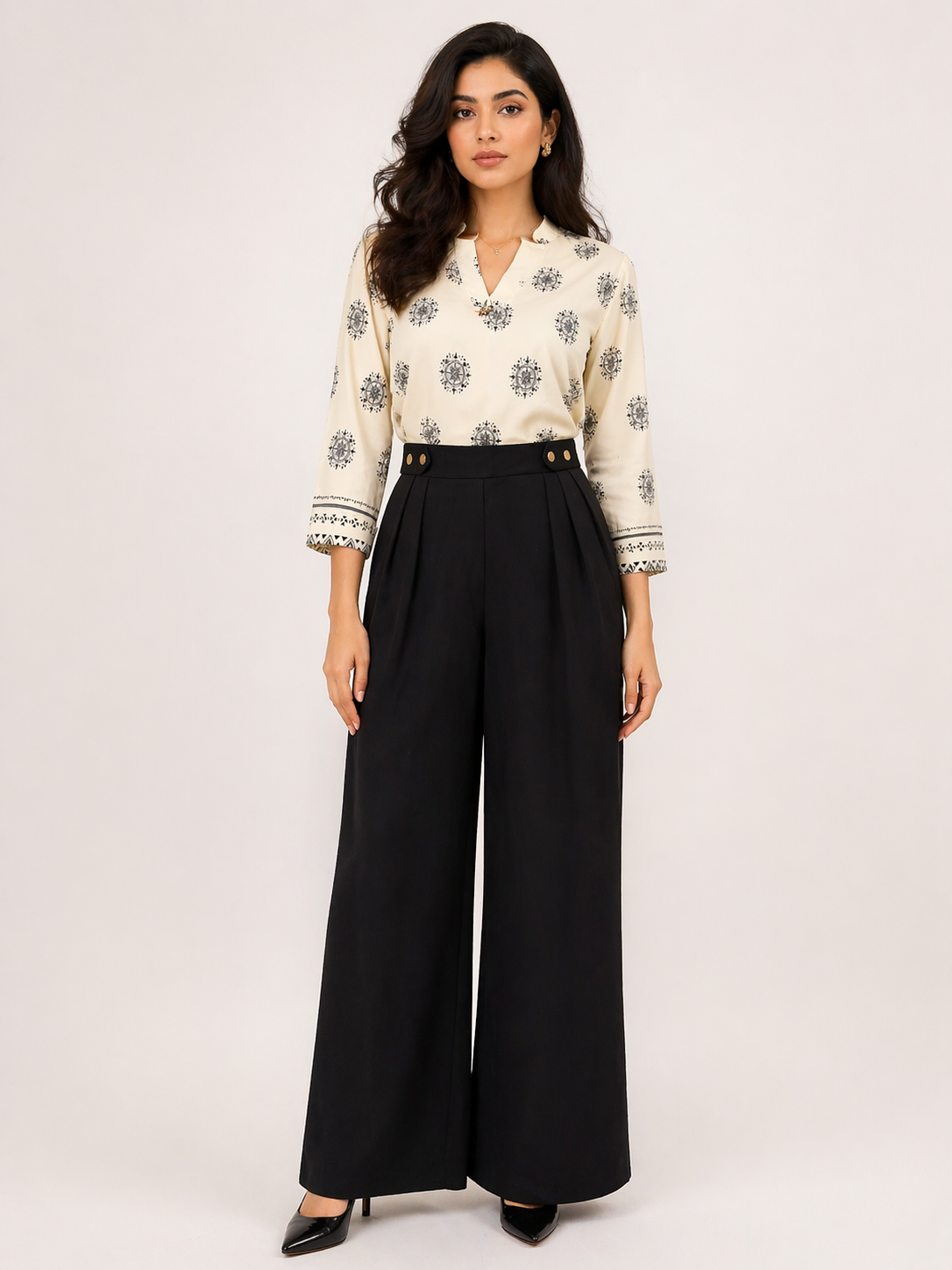 Sophisticated High-Waisted Wide-Leg Trousers with Button Detail