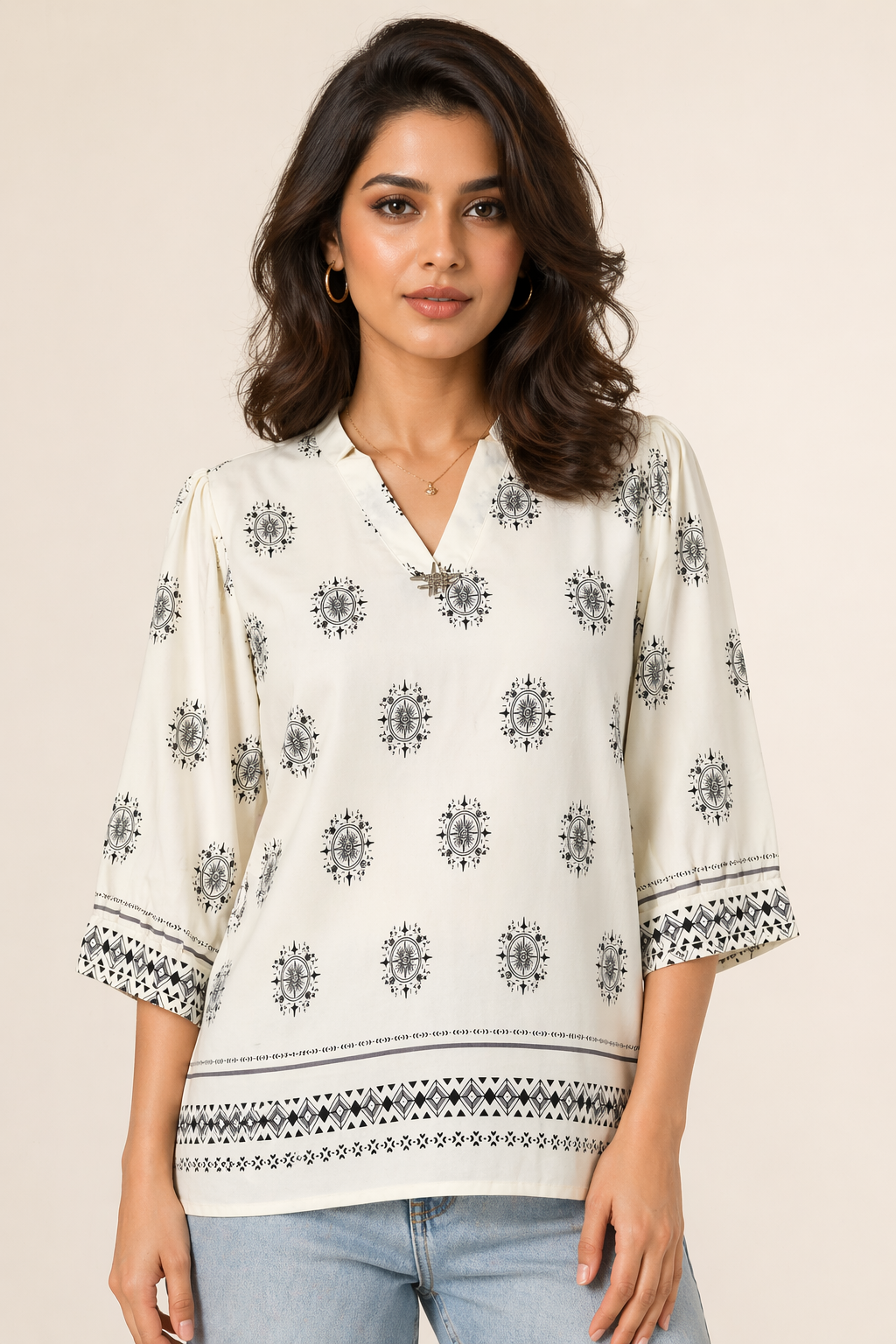 Elegant Ivory Printed V-Neck Top with 3/4 Sleeves