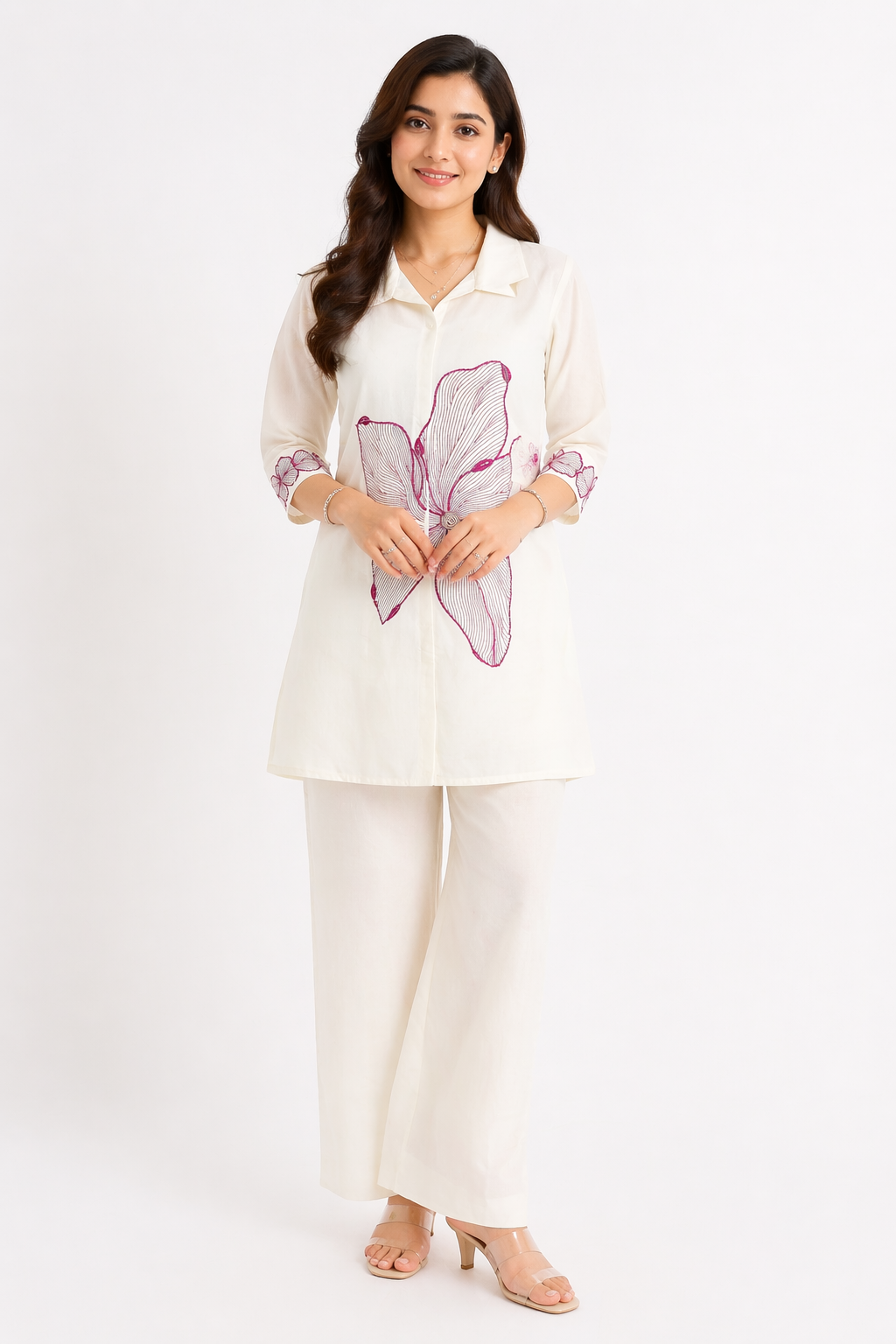 Elegant Cream with floral embroidery Kurta Set with Pants